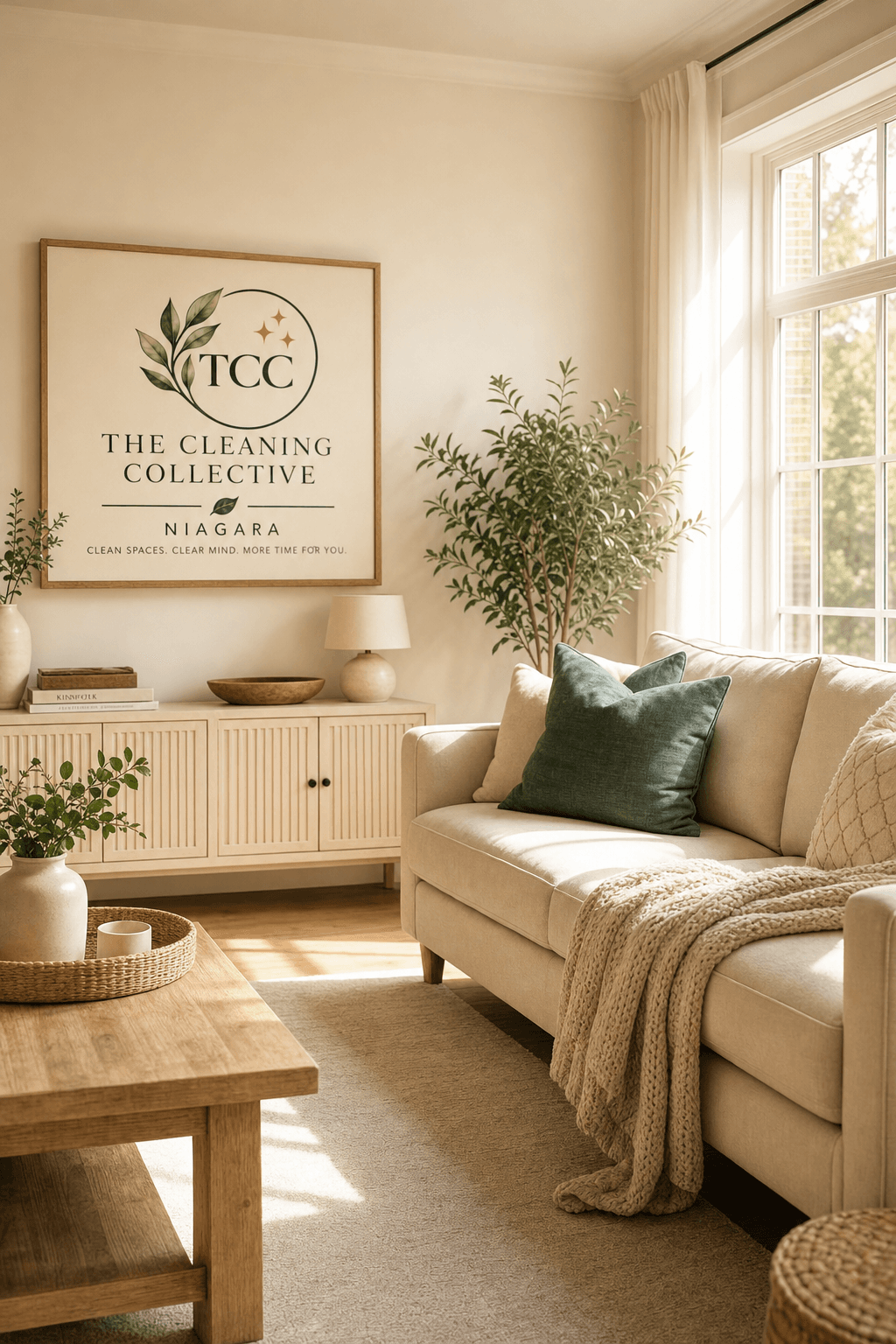 Sunlit, freshly cleaned living room with warm cream tones and muted teal accents, soft Monday morning light streaming across wooden floors