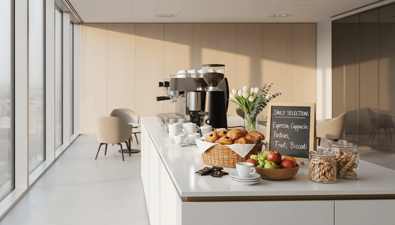 Clean modern office break room with coffee station and seating