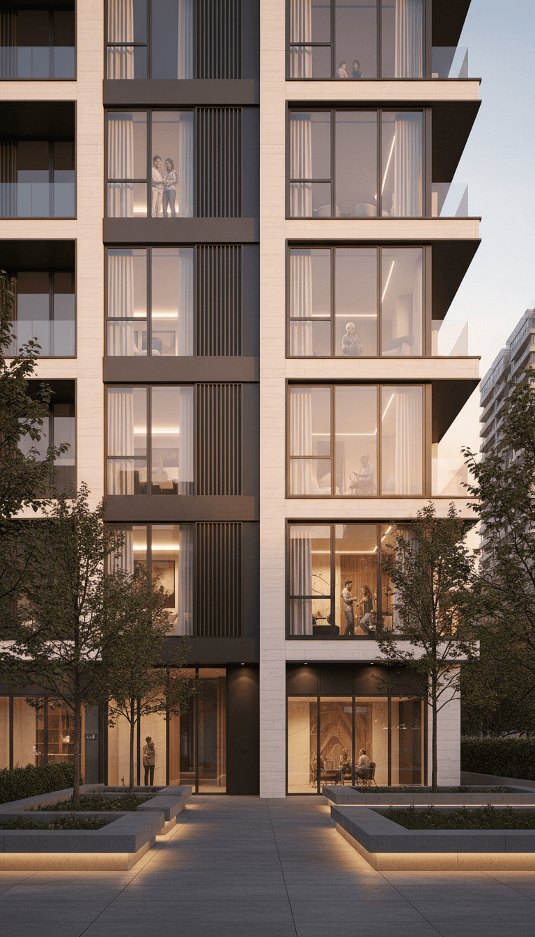 Modern residential building exterior with geometric facade, mixed materials, residents visible in windows, landscaped courtyard entry