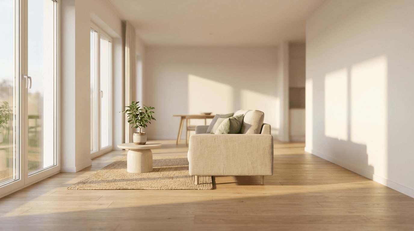 Bright, clean living room with natural light and a tidy sofa
