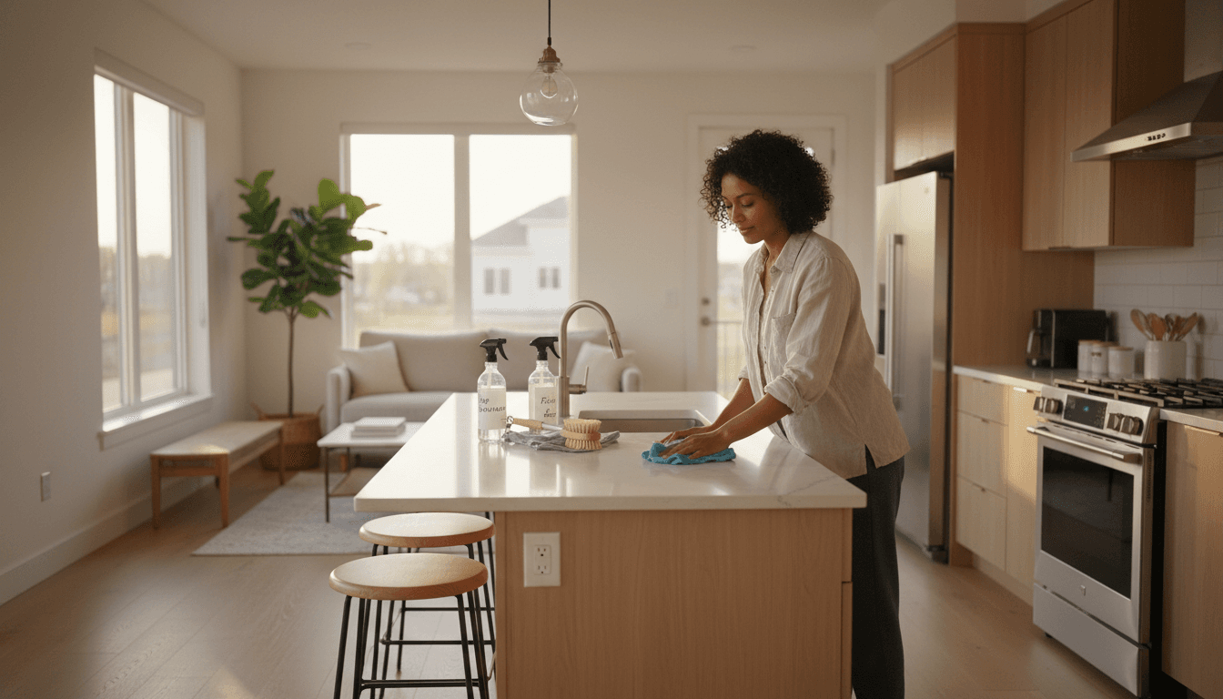 Professional cleaner wiping a kitchen counter in a bright, modern home