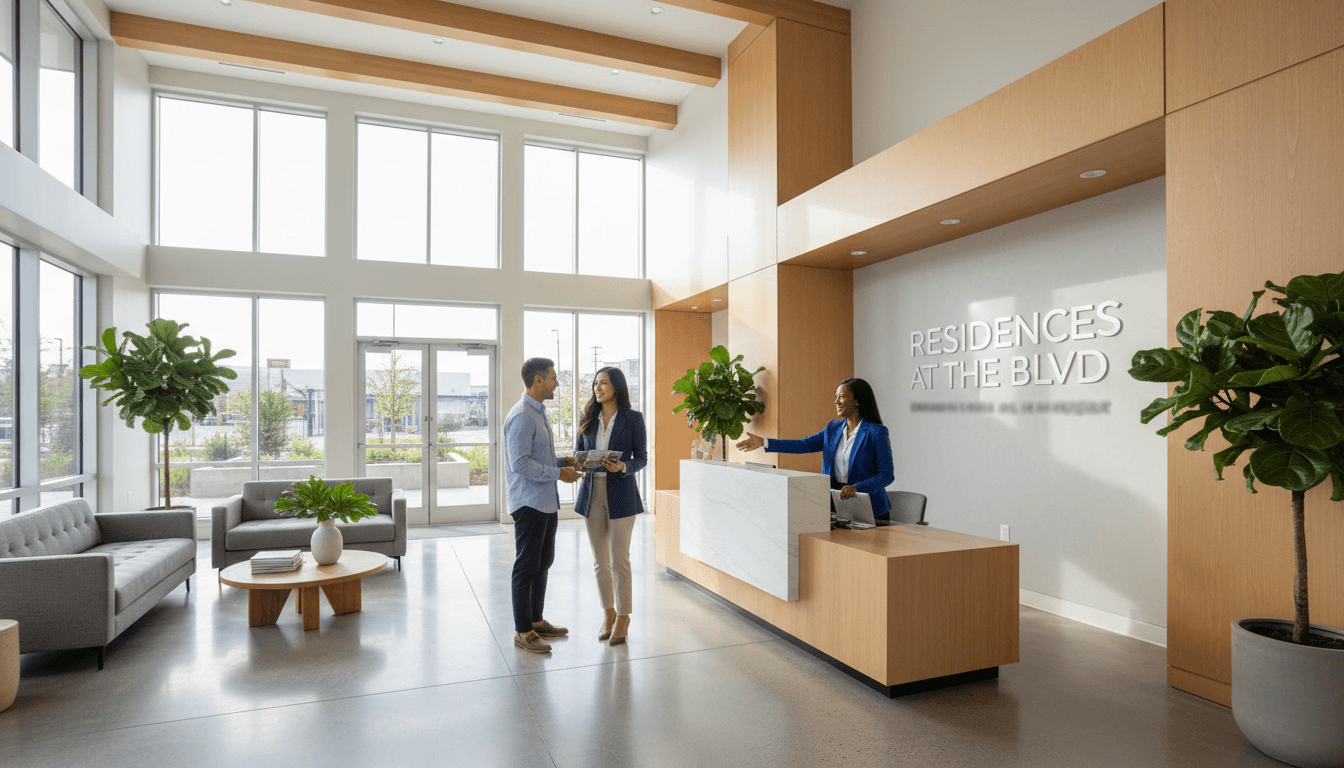 Clean apartment building lobby with modern furniture and natural light