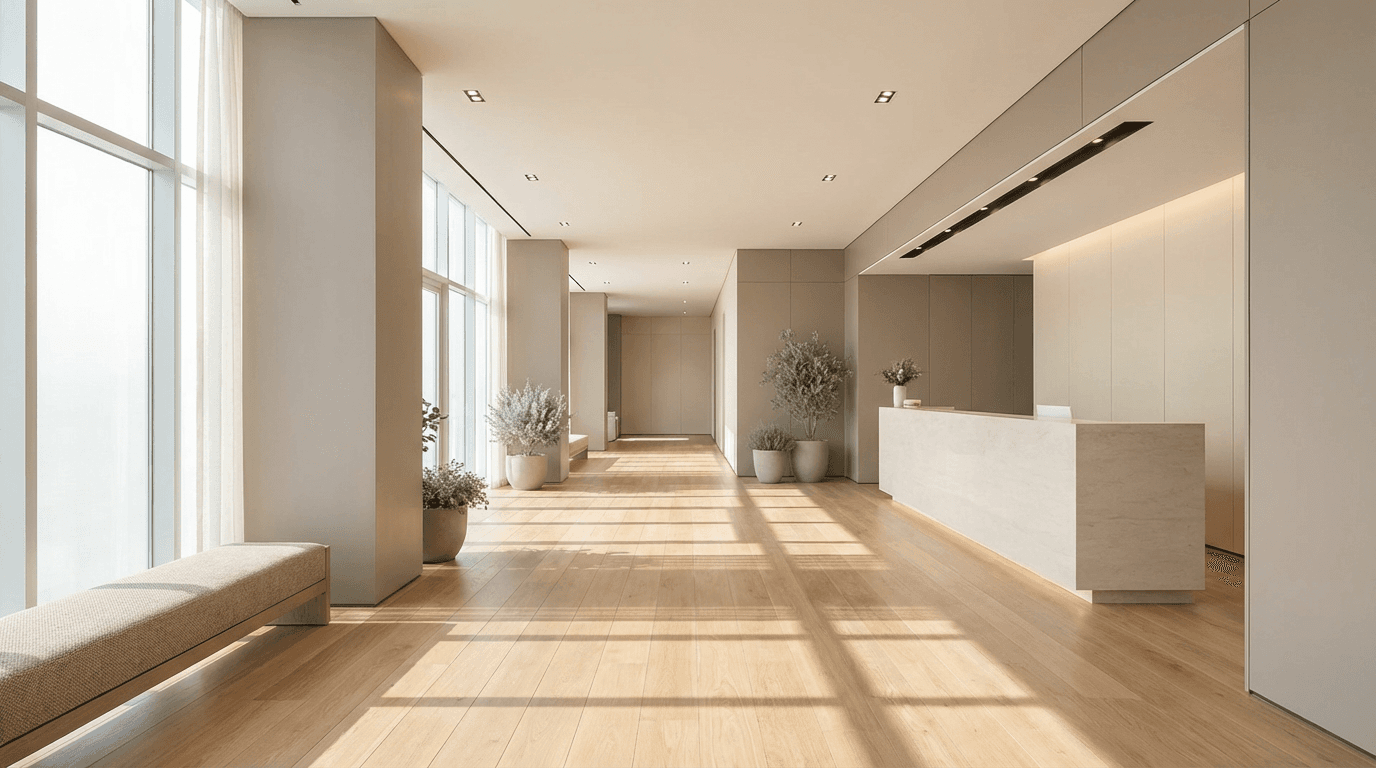 Clean welcoming building lobby with neutral tones and greenery