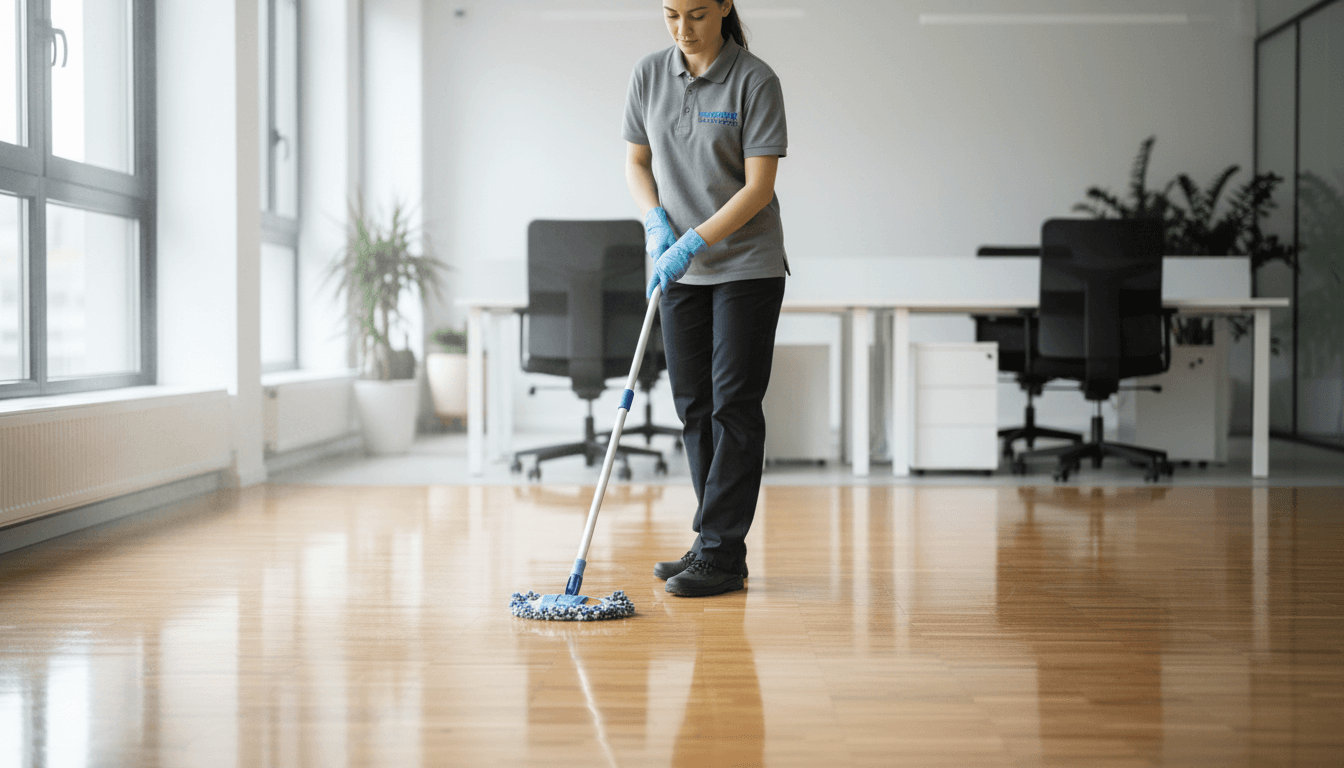 Worker mopping the floor in a bright clothing boutique