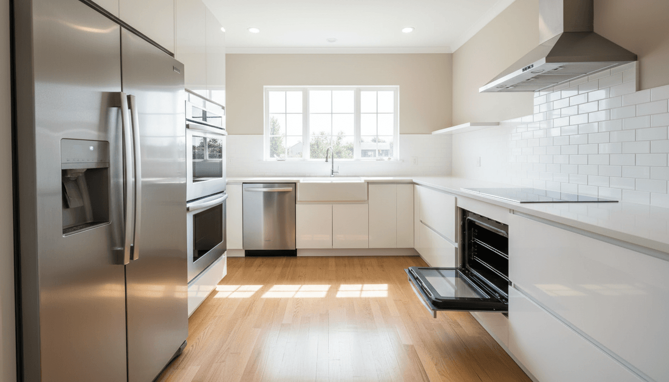 Bright empty apartment kitchen freshly cleaned with stainless steel appliances