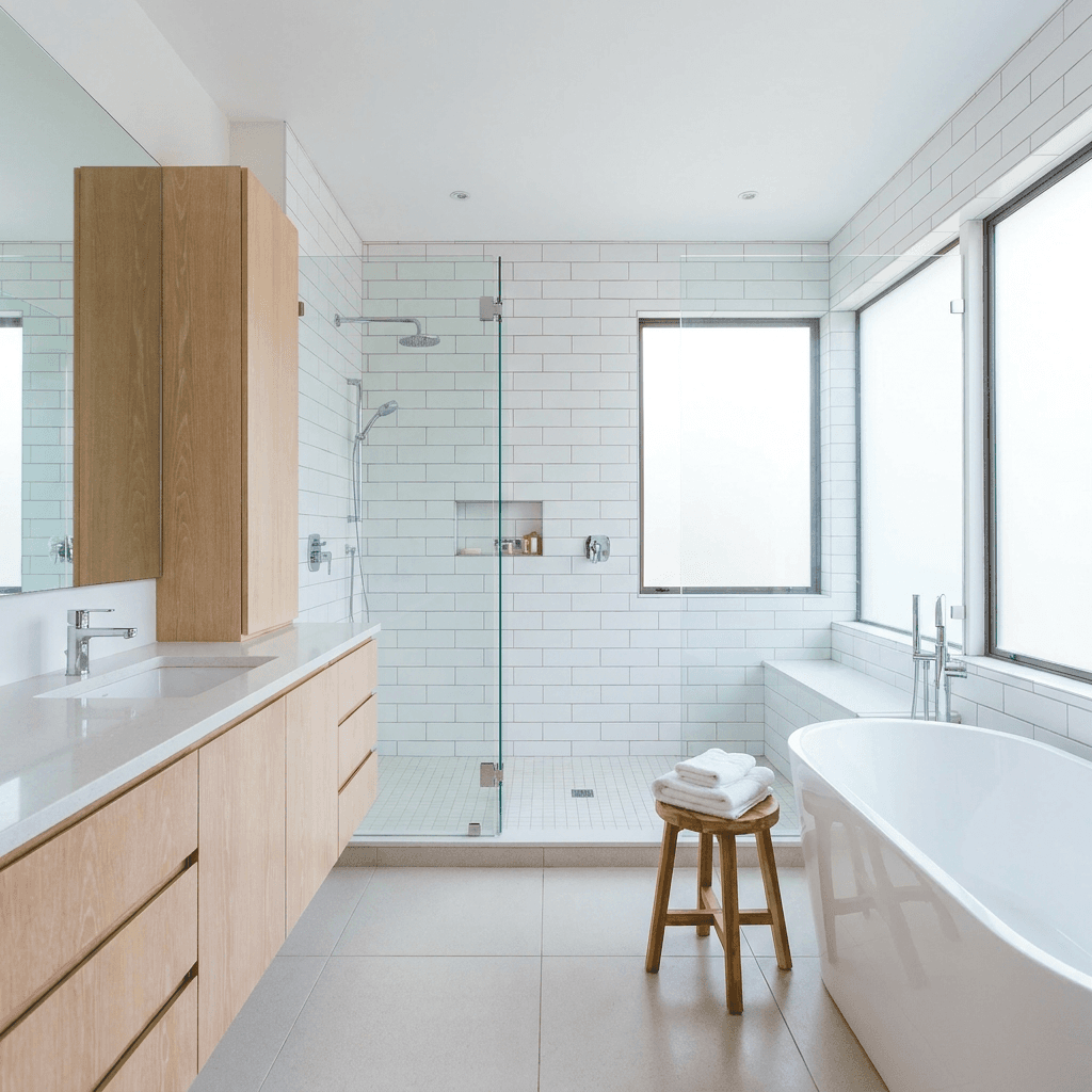 Bright clean washroom with white tiles and mirror