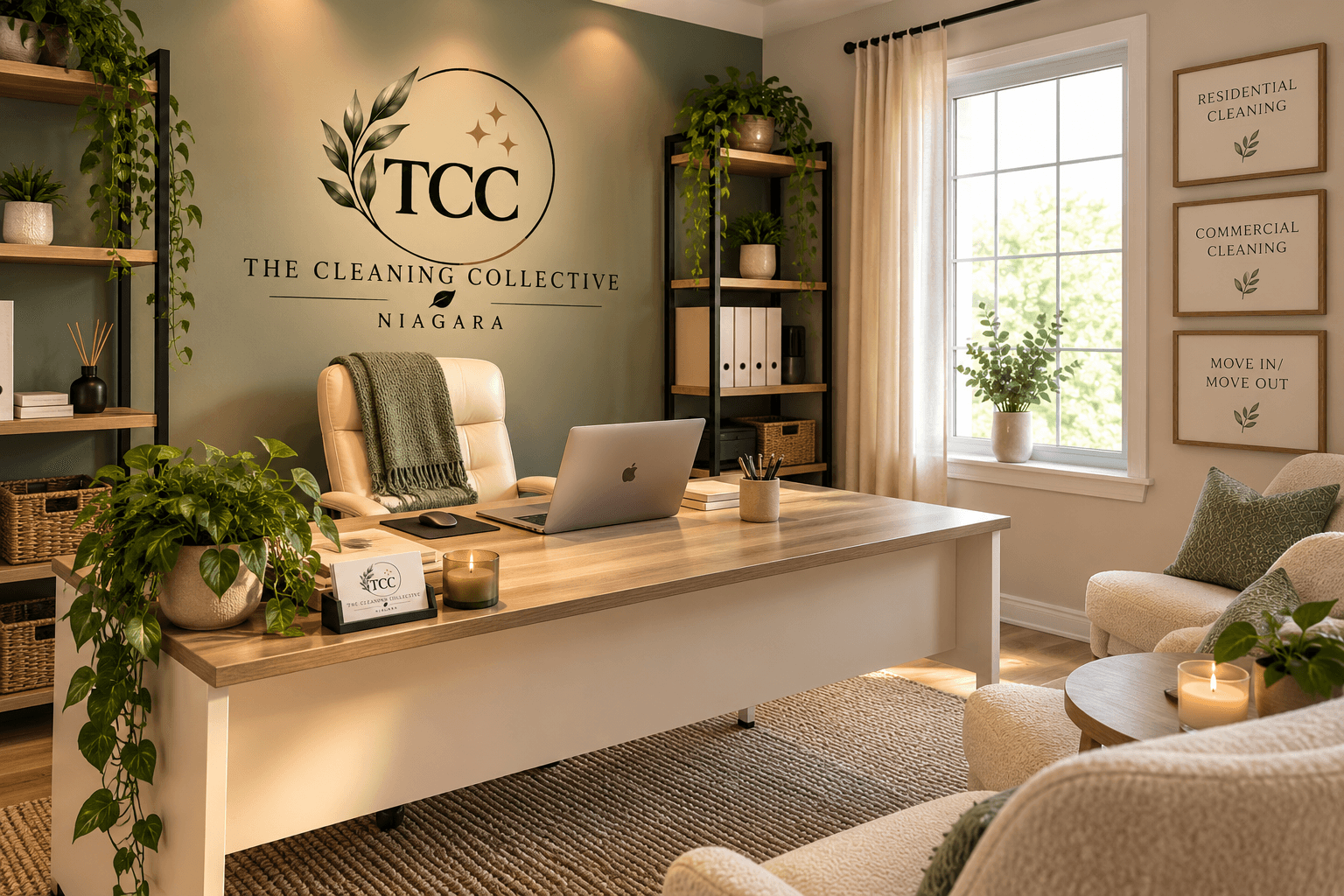 Modern office with wooden desk, plants, and The Cleaning Collective Niagara logo on green wall.