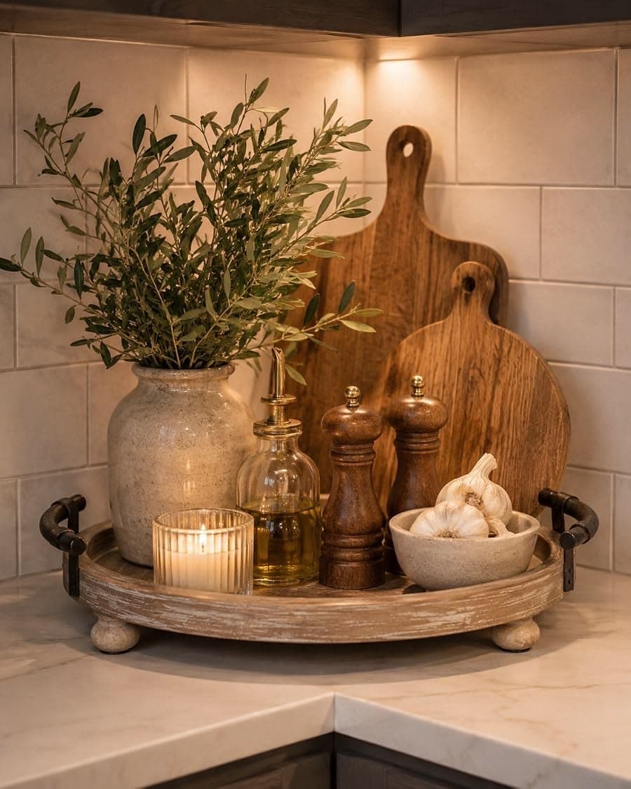 Rustic kitchen tray holding olive branches, a candle, oil, wooden grinders, and garlic.